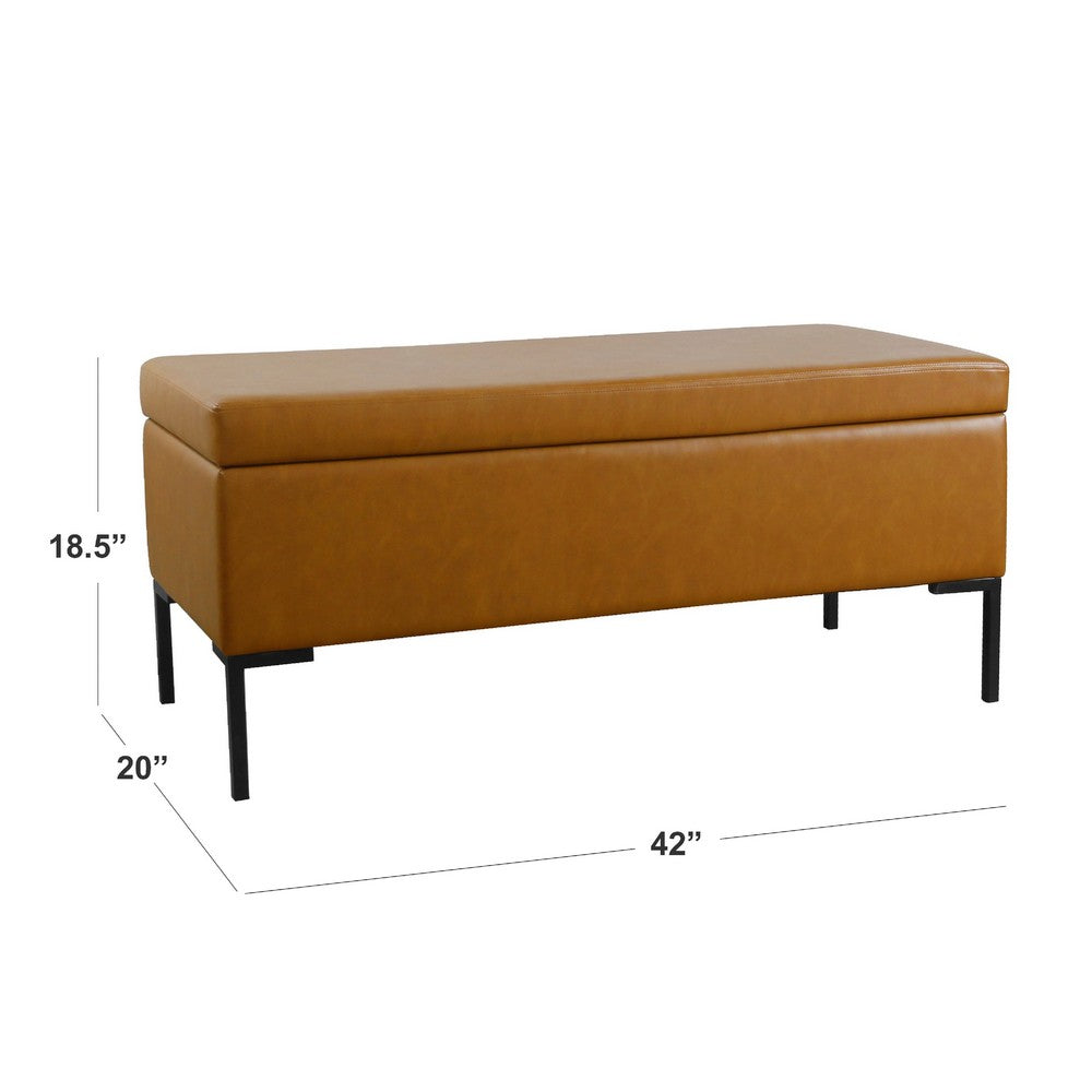 Benjara Ray Storage Bench Ottoman, Caramel Brown Faux Leather, Black, 42 Inch