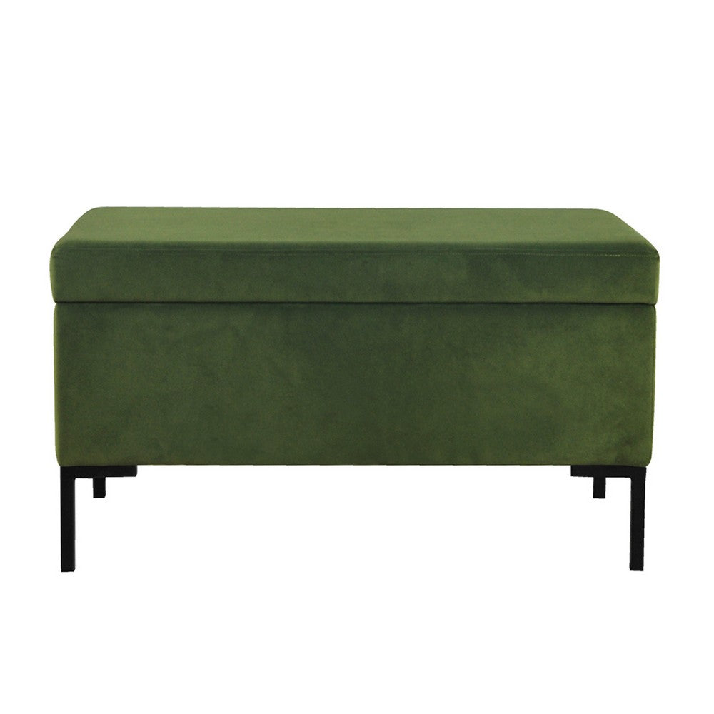 Benjara Ray Storage Bench Ottoman, Forest Green Velvet, Metal Legs, 32 Inch