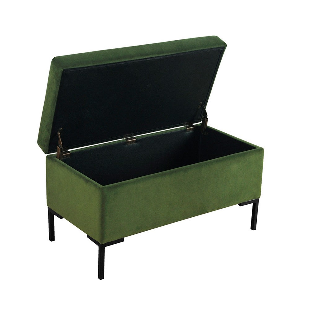 Benjara Ray Storage Bench Ottoman, Forest Green Velvet, Metal Legs, 32 Inch