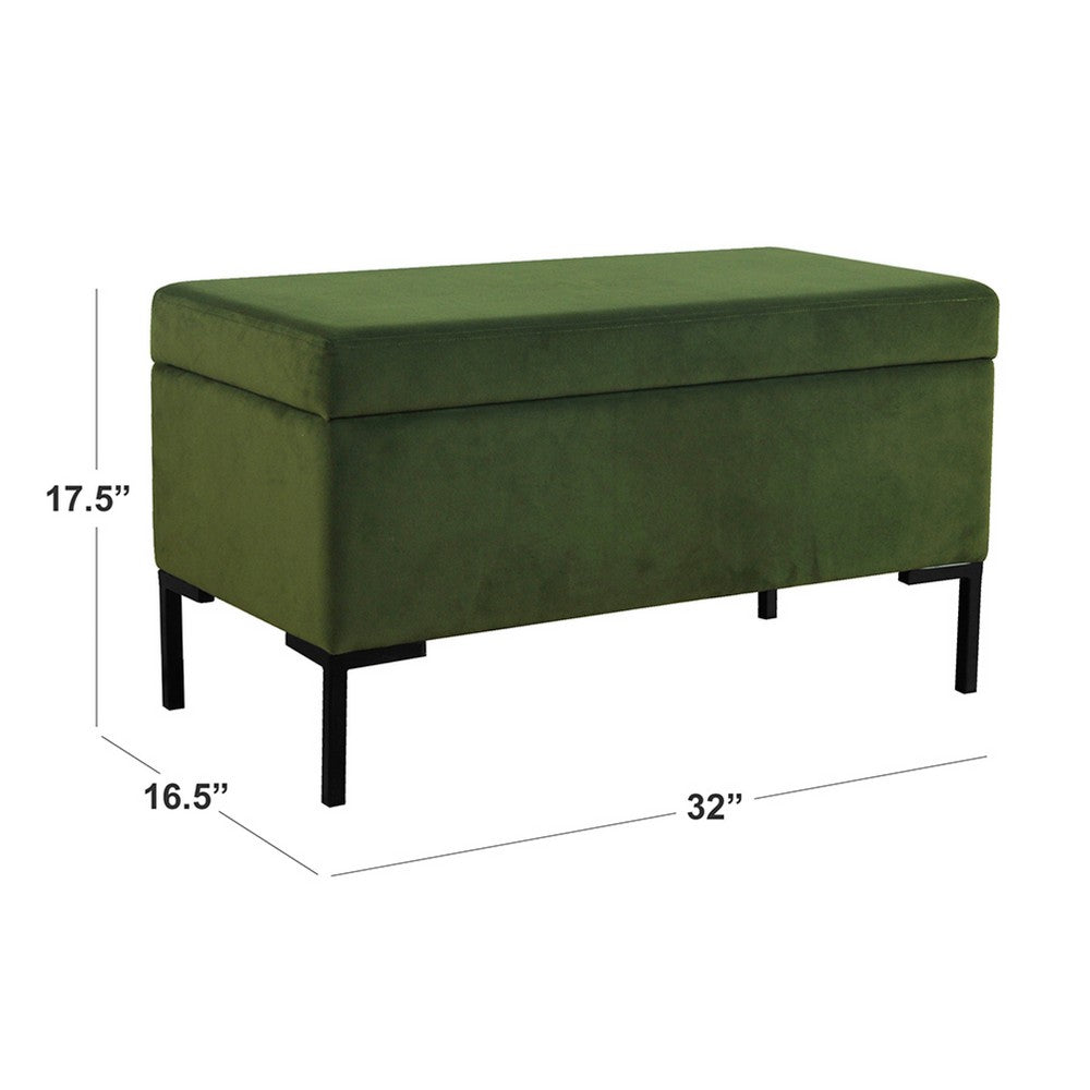 Benjara Ray Storage Bench Ottoman, Forest Green Velvet, Metal Legs, 32 Inch