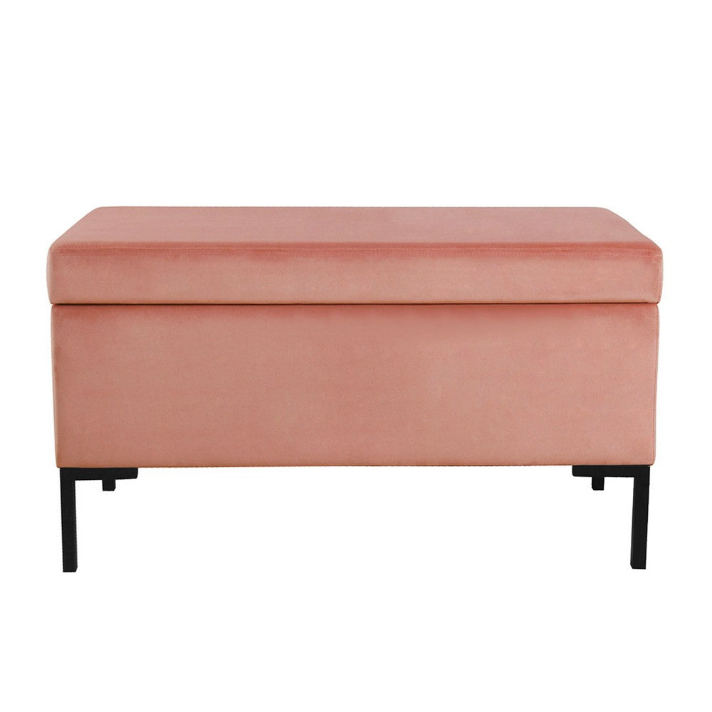 Benjara Ray Storage Bench Ottoman, Blush Pink Velvet, Metal Legs, 32 Inch