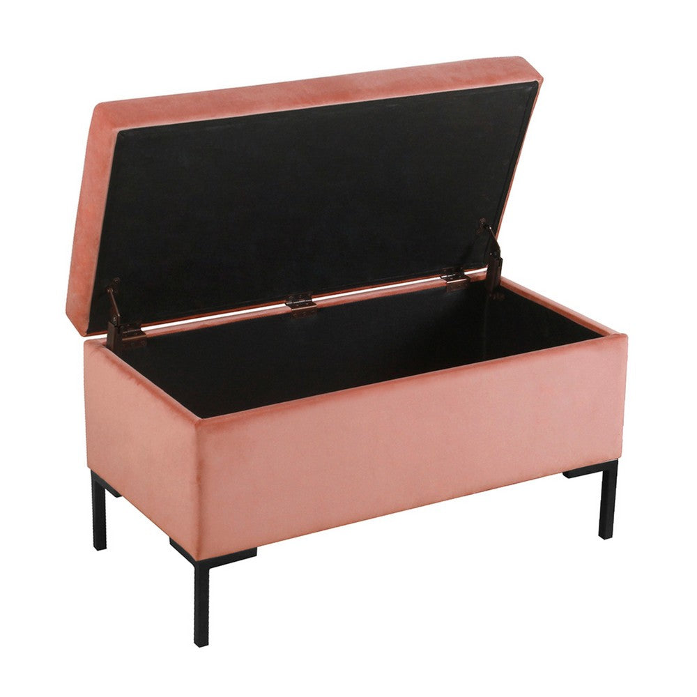 Benjara Ray Storage Bench Ottoman, Blush Pink Velvet, Metal Legs, 32 Inch