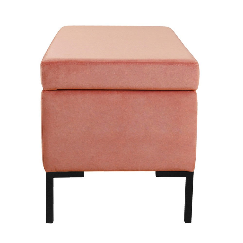Benjara Ray Storage Bench Ottoman, Blush Pink Velvet, Metal Legs, 32 Inch