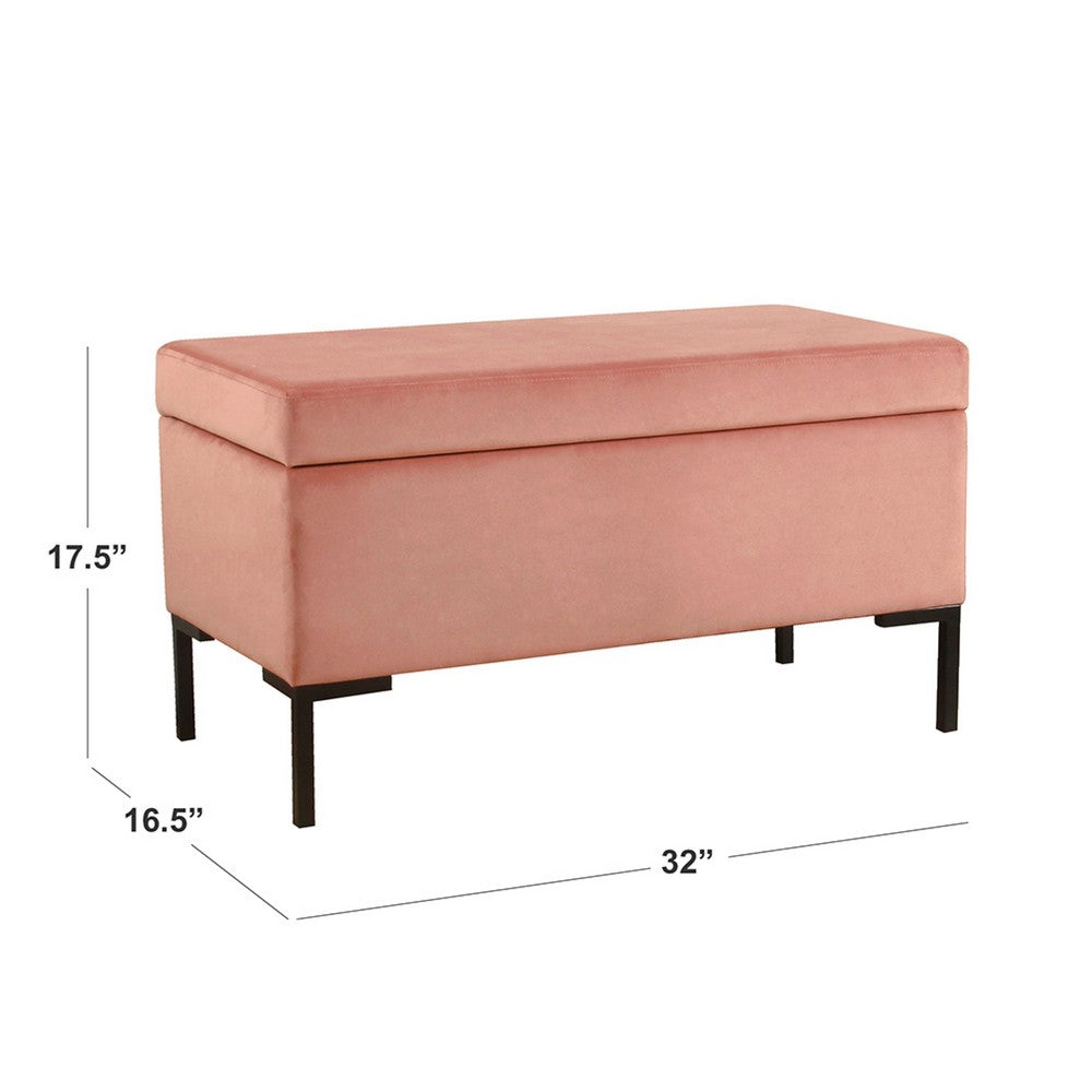 Benjara Ray Storage Bench Ottoman, Blush Pink Velvet, Metal Legs, 32 Inch