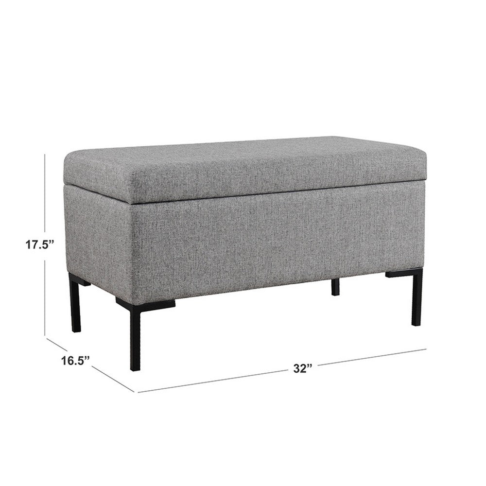 Benjara Ray Storage Bench Ottoman, Classic Gray Velvet, Metal Legs, 32 Inch