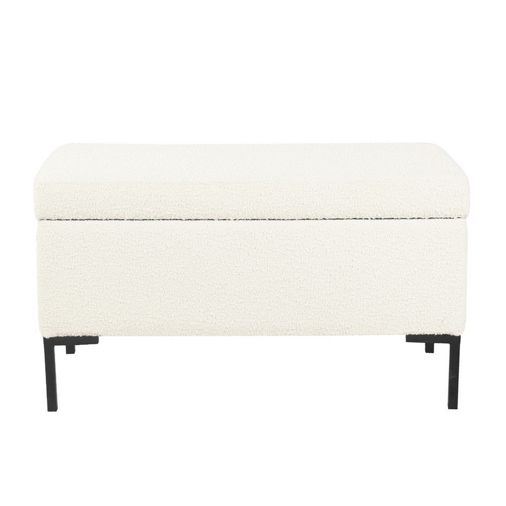 Benjara Ray Storage Bench Ottoman, Cream White Boucle, Metal Legs, 32 Inch