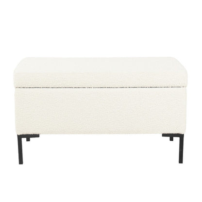 Benjara Ray Storage Bench Ottoman, Cream White Boucle, Metal Legs, 32 Inch