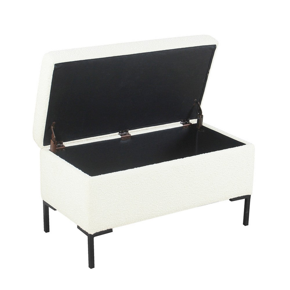 Benjara Ray Storage Bench Ottoman, Cream White Boucle, Metal Legs, 32 Inch