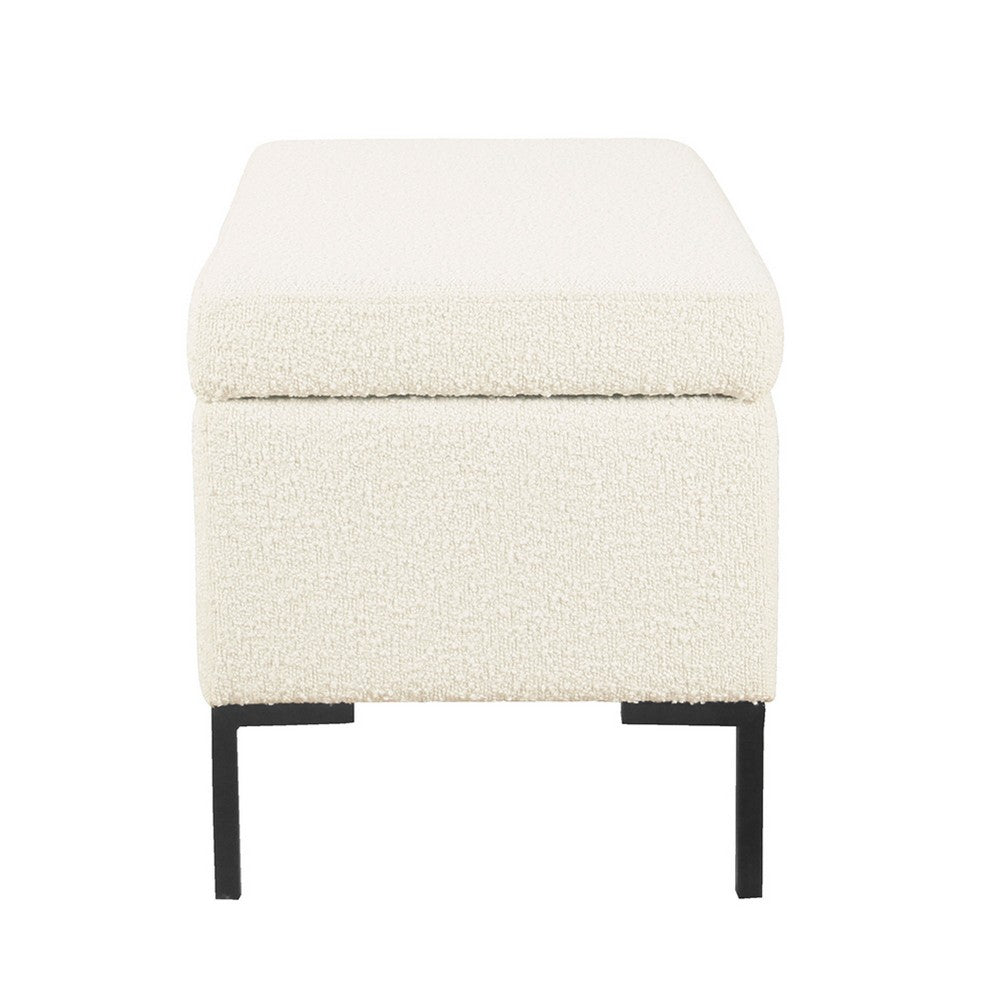 Benjara Ray Storage Bench Ottoman, Cream White Boucle, Metal Legs, 32 Inch
