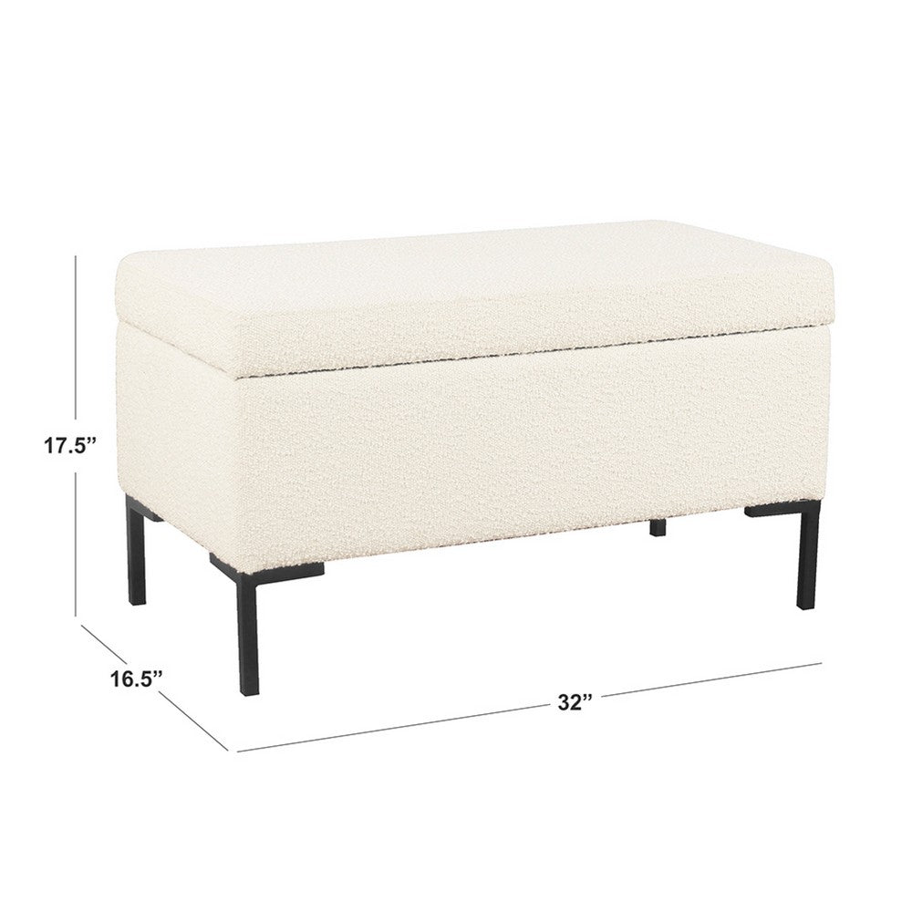 Benjara Ray Storage Bench Ottoman, Cream White Boucle, Metal Legs, 32 Inch