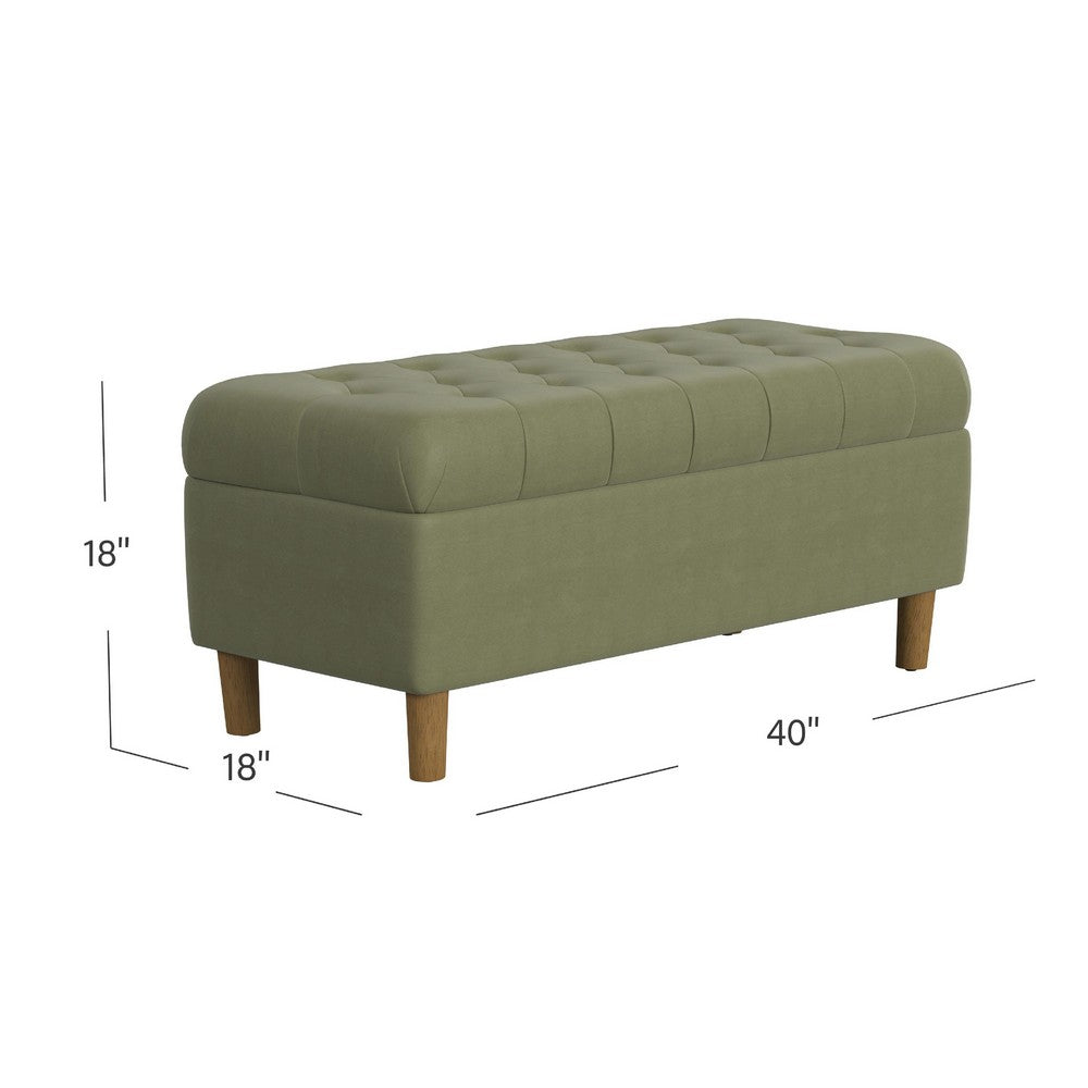 Benjara Sol Storage Bench Ottoman, Light Sage Green Velvet, Brown, 40 Inch