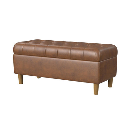 Benjara Sol Storage Bench Ottoman, Brown Faux Leather And Hardwood, 36 Inch