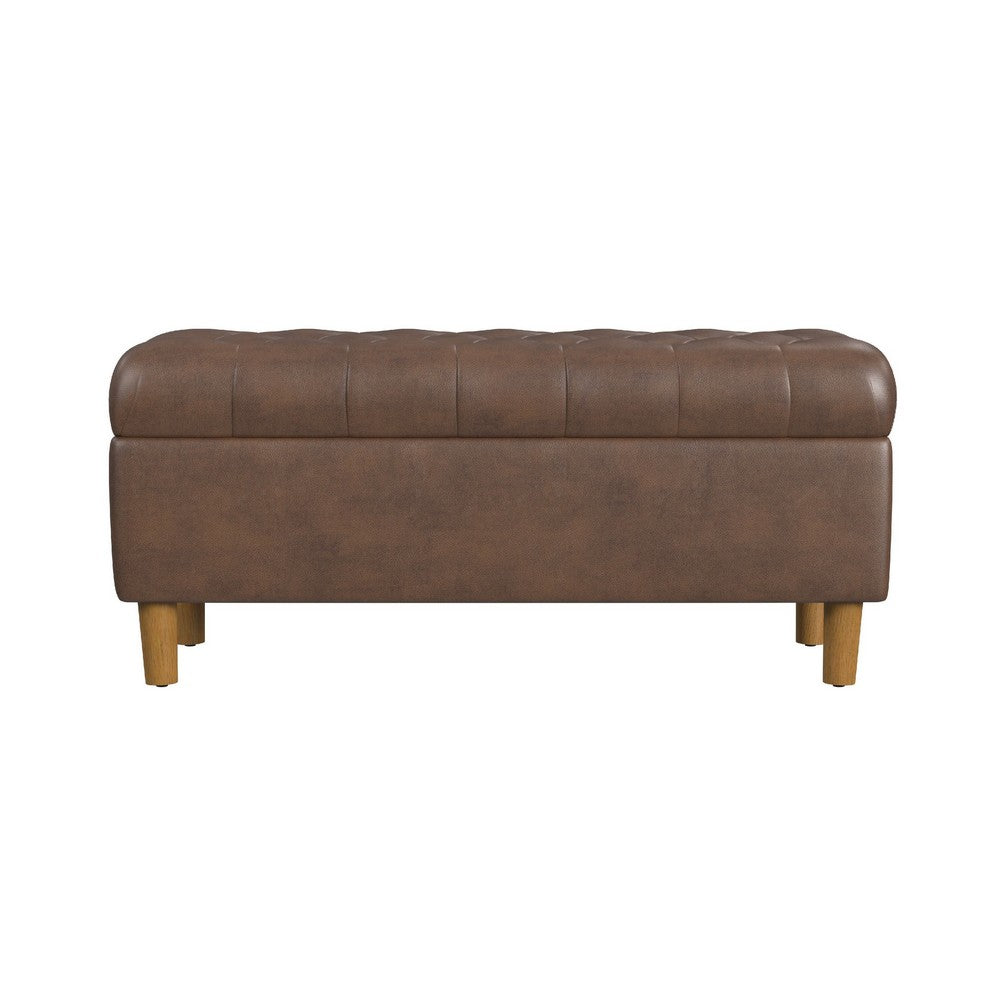 Benjara Sol Storage Bench Ottoman, Brown Faux Leather And Hardwood, 36 Inch