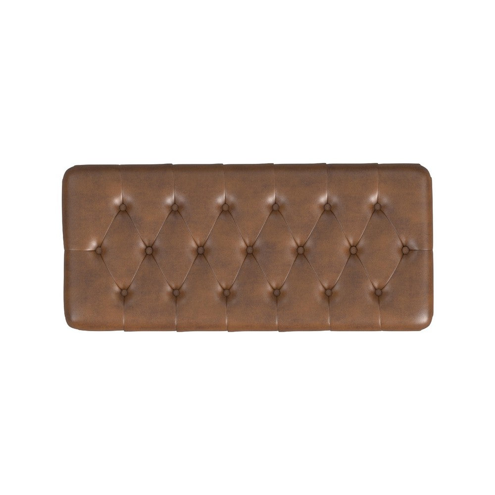 Benjara Sol Storage Bench Ottoman, Brown Faux Leather And Hardwood, 36 Inch