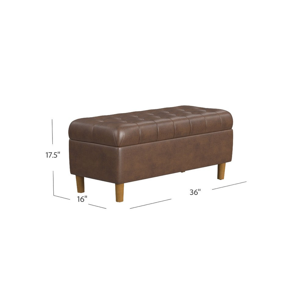 Benjara Sol Storage Bench Ottoman, Brown Faux Leather And Hardwood, 36 Inch