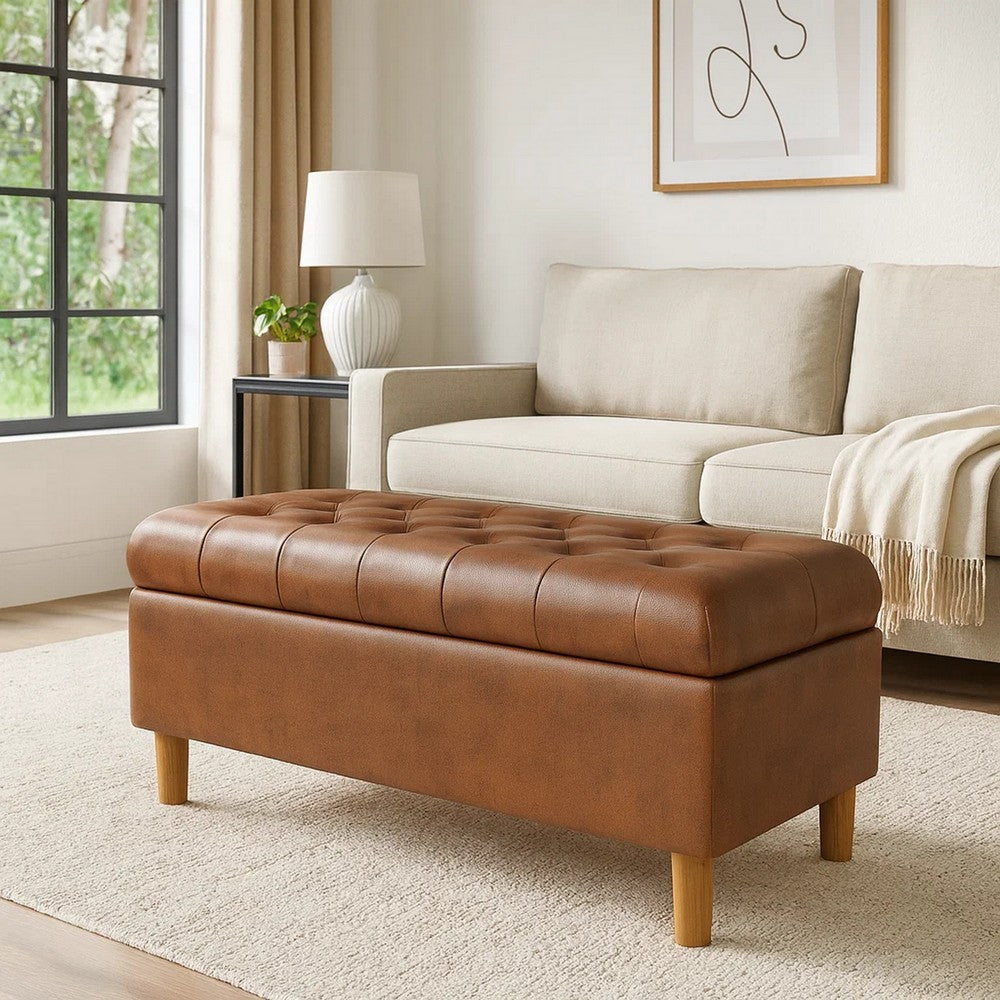 Benjara Sol Storage Bench Ottoman, Brown Faux Leather And Hardwood, 36 Inch