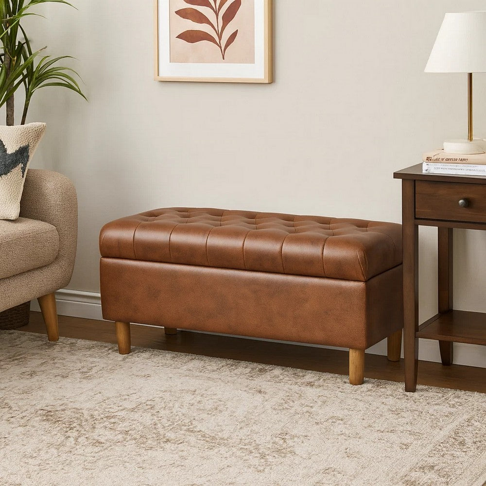 Benjara Sol Storage Bench Ottoman, Brown Faux Leather And Hardwood, 36 Inch