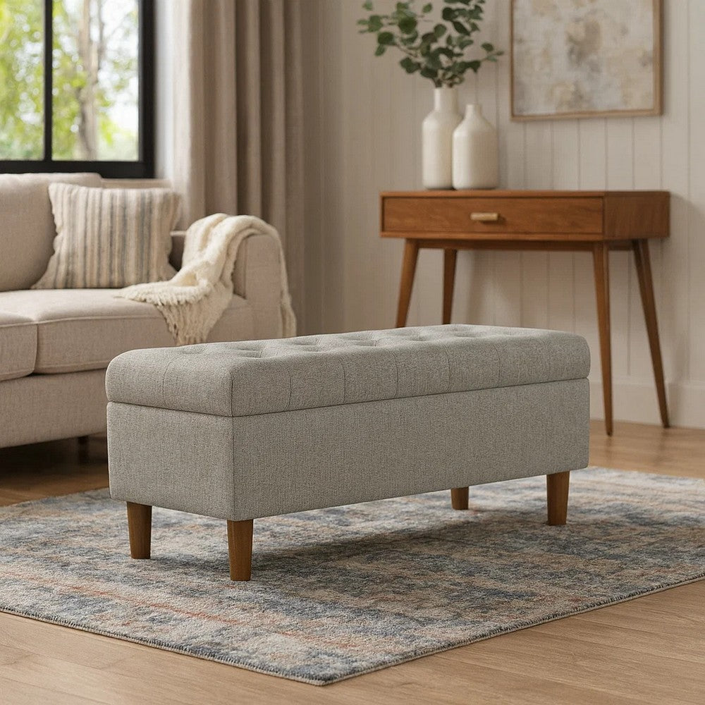 Benjara Sol Storage Bench Ottoman, Gray Woven Fabric, Brown Wood, 40 Inch