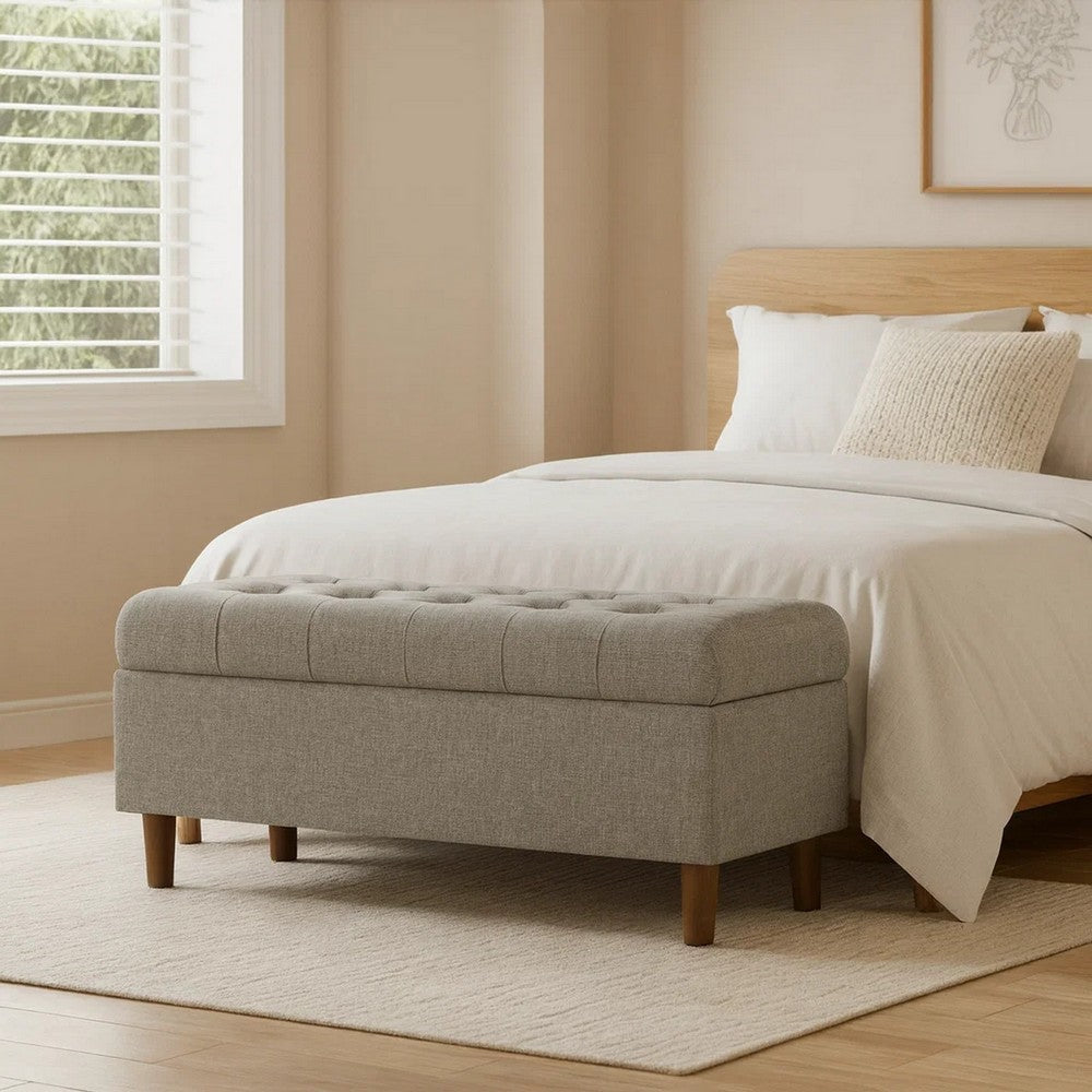 Benjara Sol Storage Bench Ottoman, Gray Woven Fabric, Brown Wood, 40 Inch