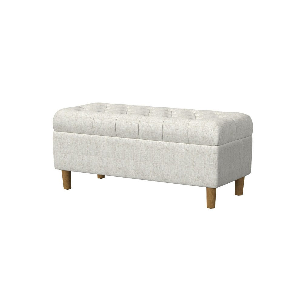 Benjara Sol Storage Bench Ottoman, Cream Woven Fabric, Brown Wood, 40 Inch