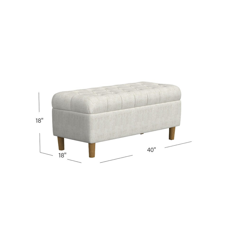 Benjara Sol Storage Bench Ottoman, Cream Woven Fabric, Brown Wood, 40 Inch