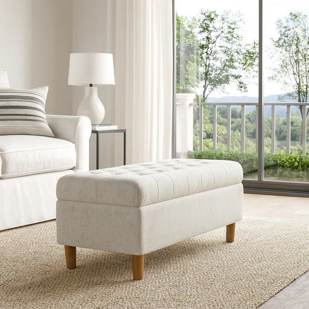 Benjara Sol Storage Bench Ottoman, Cream Woven Fabric, Brown Wood, 40 Inch
