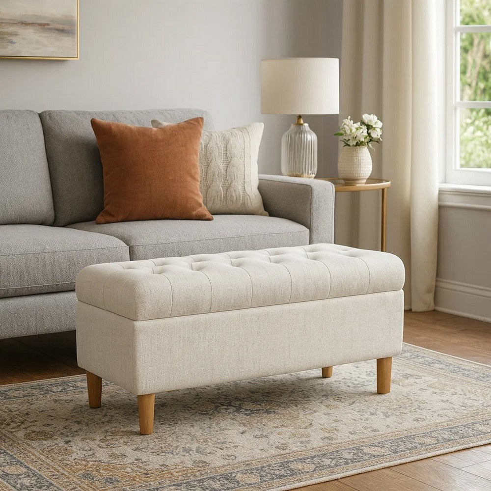 Benjara Sol Storage Bench Ottoman, Cream Woven Fabric, Brown Wood, 40 Inch