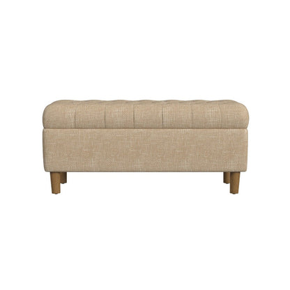Benjara Sol Storage Bench Ottoman, Light Tan Woven Fabric, Brown Wood, 40 Inch