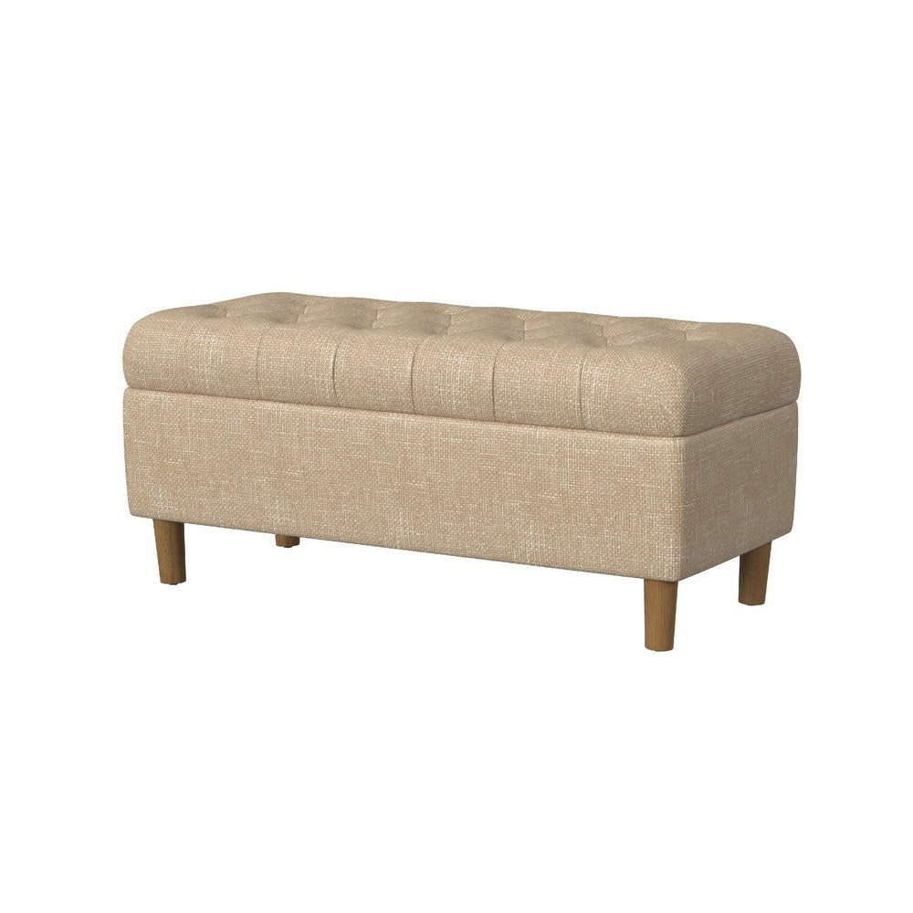 Benjara Sol Storage Bench Ottoman, Light Tan Woven Fabric, Brown Wood, 40 Inch