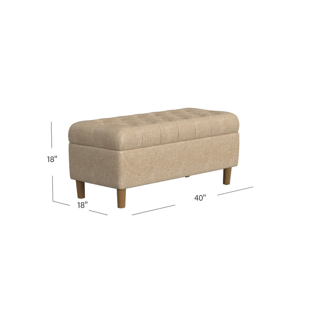 Benjara Sol Storage Bench Ottoman, Light Tan Woven Fabric, Brown Wood, 40 Inch
