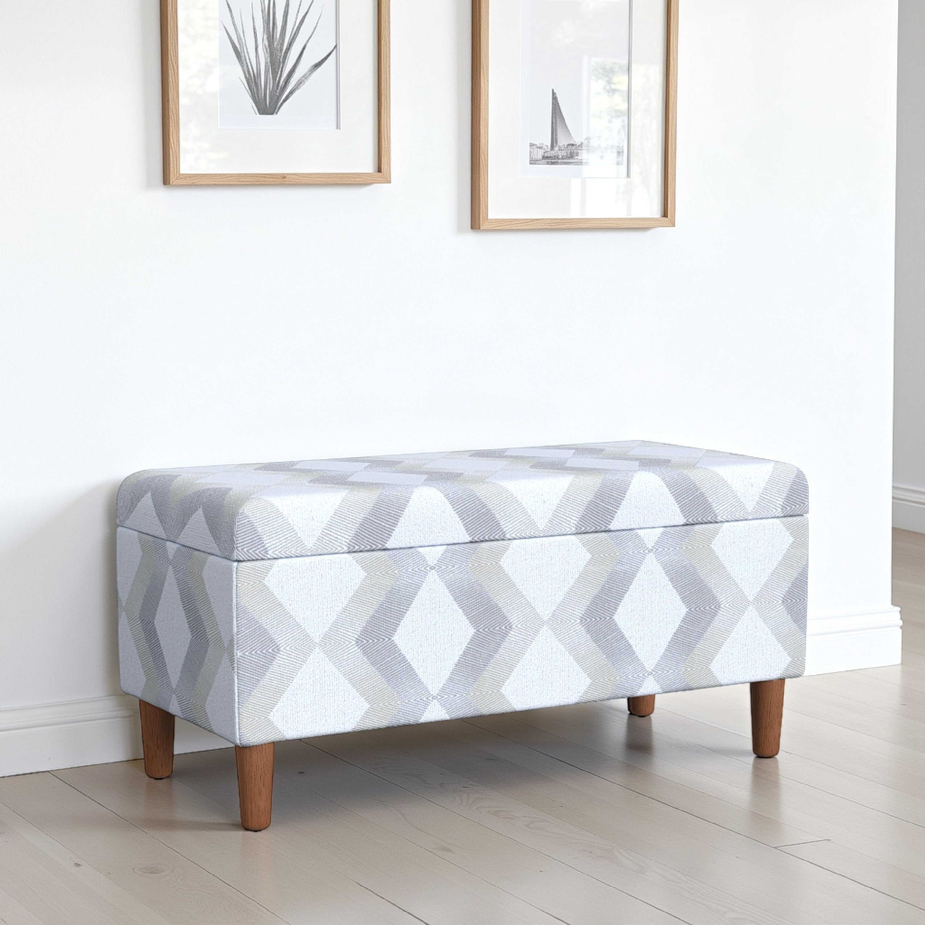 Benjara Zia Accent Storage Bench, Cream Gray Woven Diamond Pattern, 36 Inch