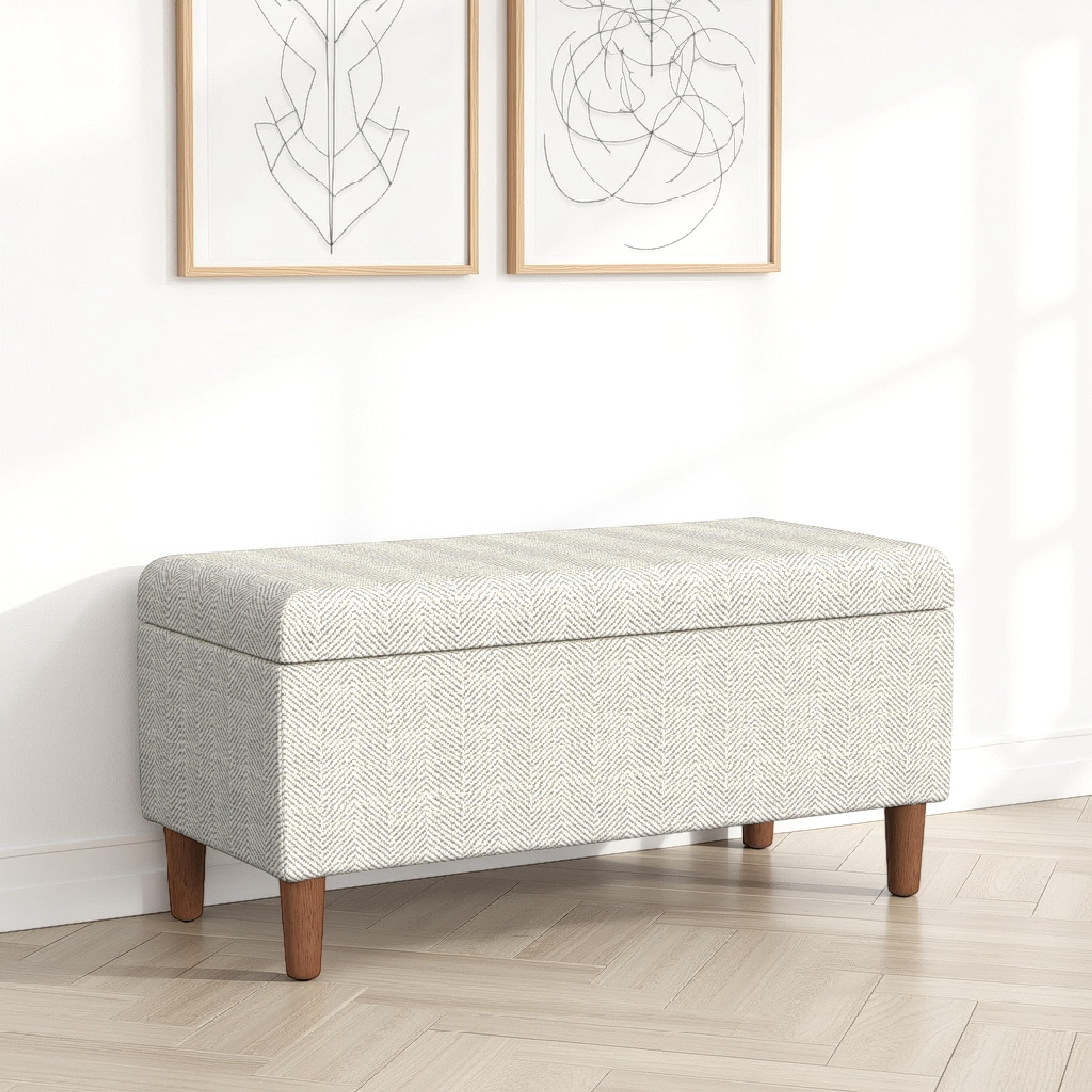 Benjara Zia Accent Storage Bench, Cream Chevron Woven Fabric, Brown, 36 Inch