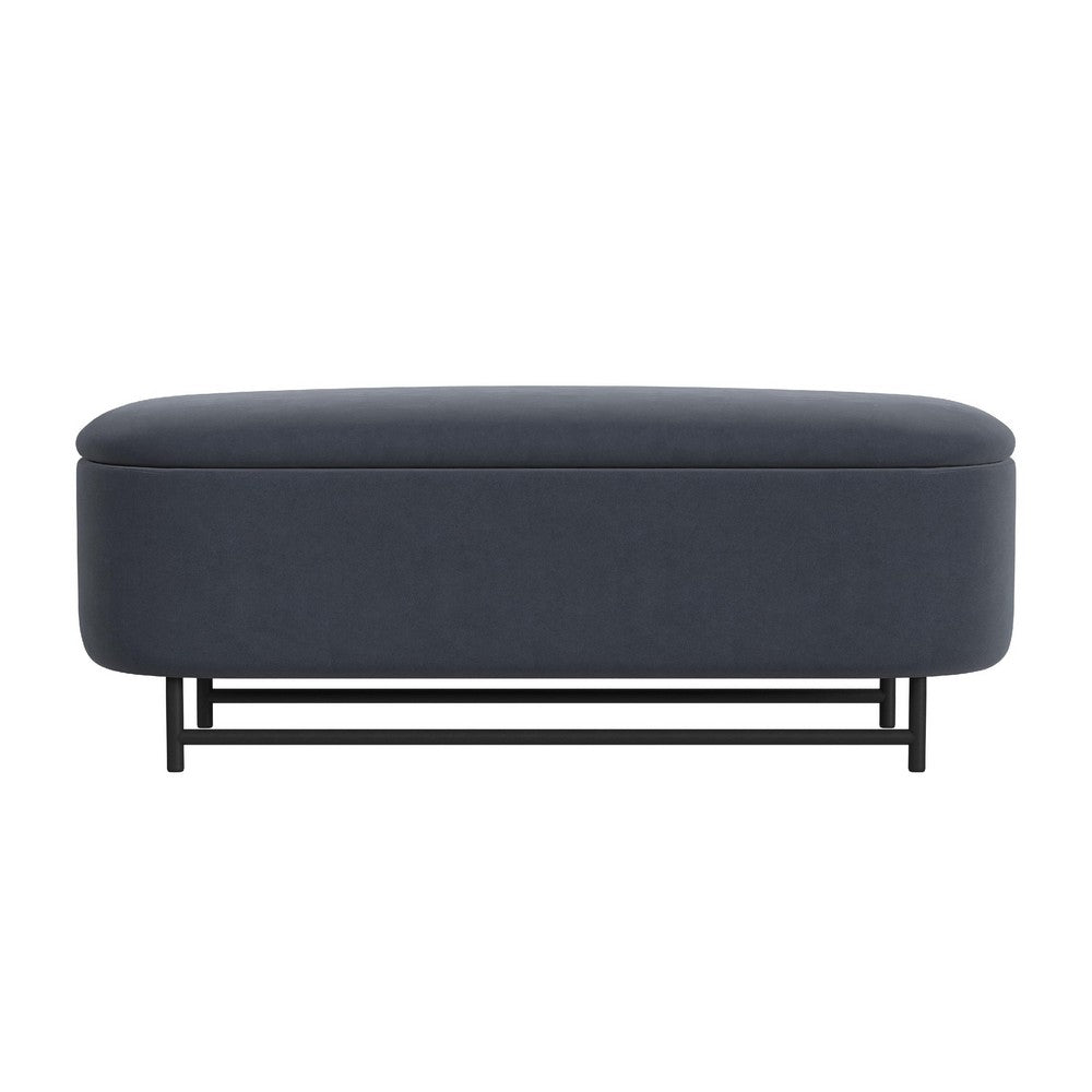 Benjara Pat Storage Bench Ottoman, Steel Blue Velvet, Black Metal, 46 Inch
