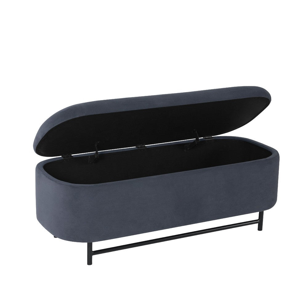 Benjara Pat Storage Bench Ottoman, Steel Blue Velvet, Black Metal, 46 Inch