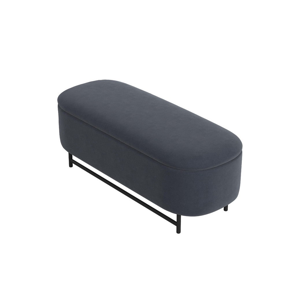 Benjara Pat Storage Bench Ottoman, Steel Blue Velvet, Black Metal, 46 Inch