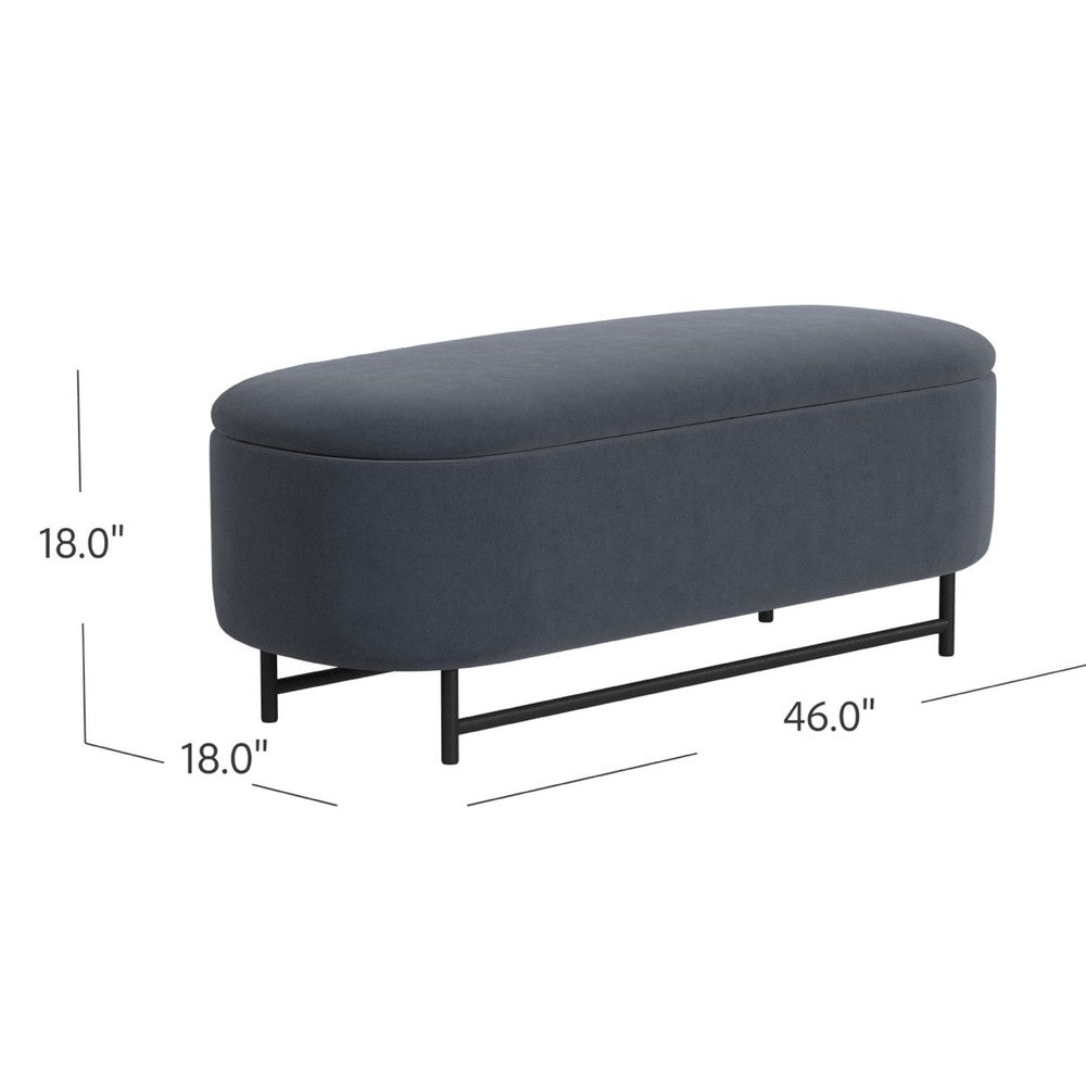 Benjara Pat Storage Bench Ottoman, Steel Blue Velvet, Black Metal, 46 Inch