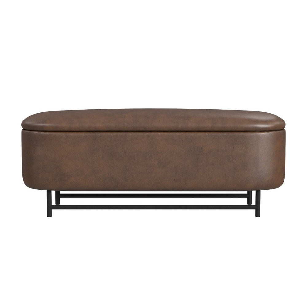 Benjara Pat Storage Bench Ottoman, Brown Faux Leather, Black Metal, 46 Inch