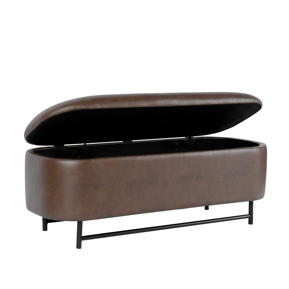 Benjara Pat Storage Bench Ottoman, Brown Faux Leather, Black Metal, 46 Inch