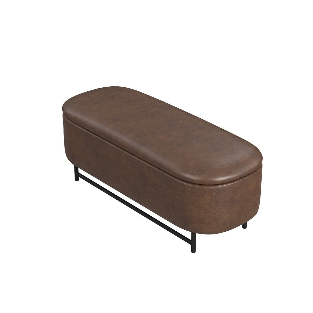 Benjara Pat Storage Bench Ottoman, Brown Faux Leather, Black Metal, 46 Inch