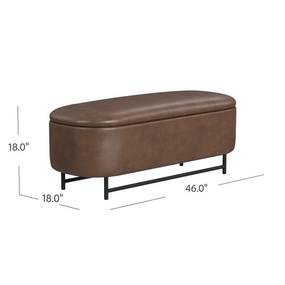 Benjara Pat Storage Bench Ottoman, Brown Faux Leather, Black Metal, 46 Inch