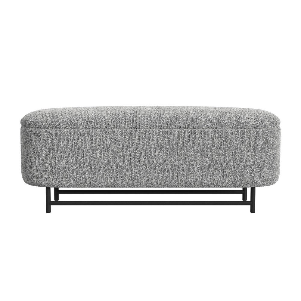 Benjara Pat Storage Bench Ottoman, Gray Yarn Cream Boucle, Black Metal 46 Inch