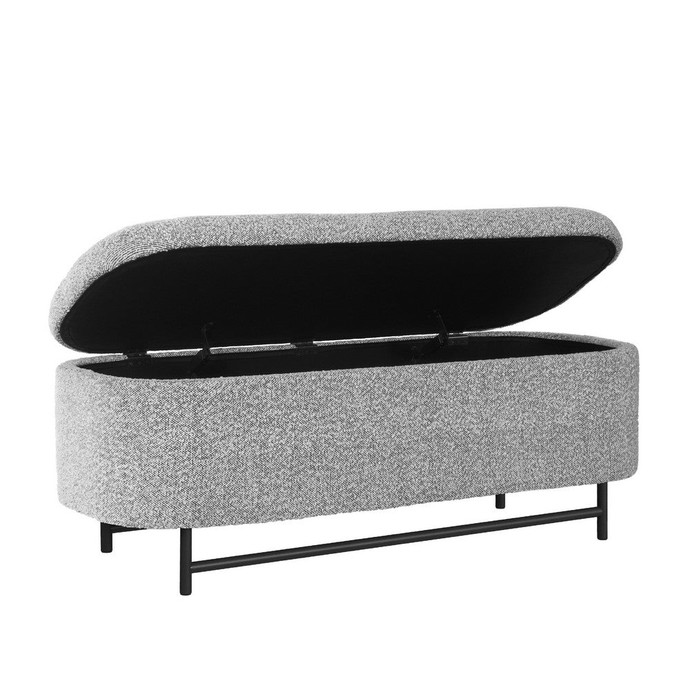 Benjara Pat Storage Bench Ottoman, Gray Yarn Cream Boucle, Black Metal 46 Inch
