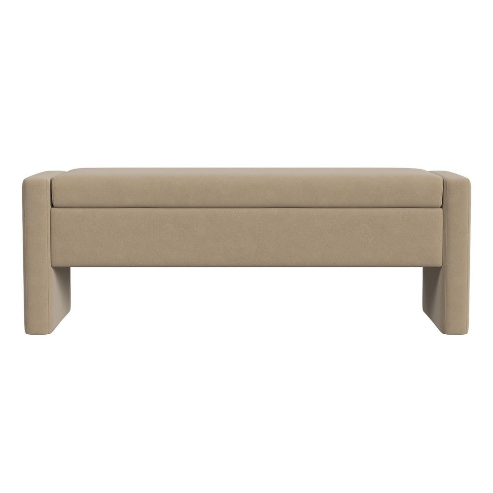 Benjara Kim Storage Bench Ottoman, Tan Brown Velvet And Solid Wood, 50 Inch