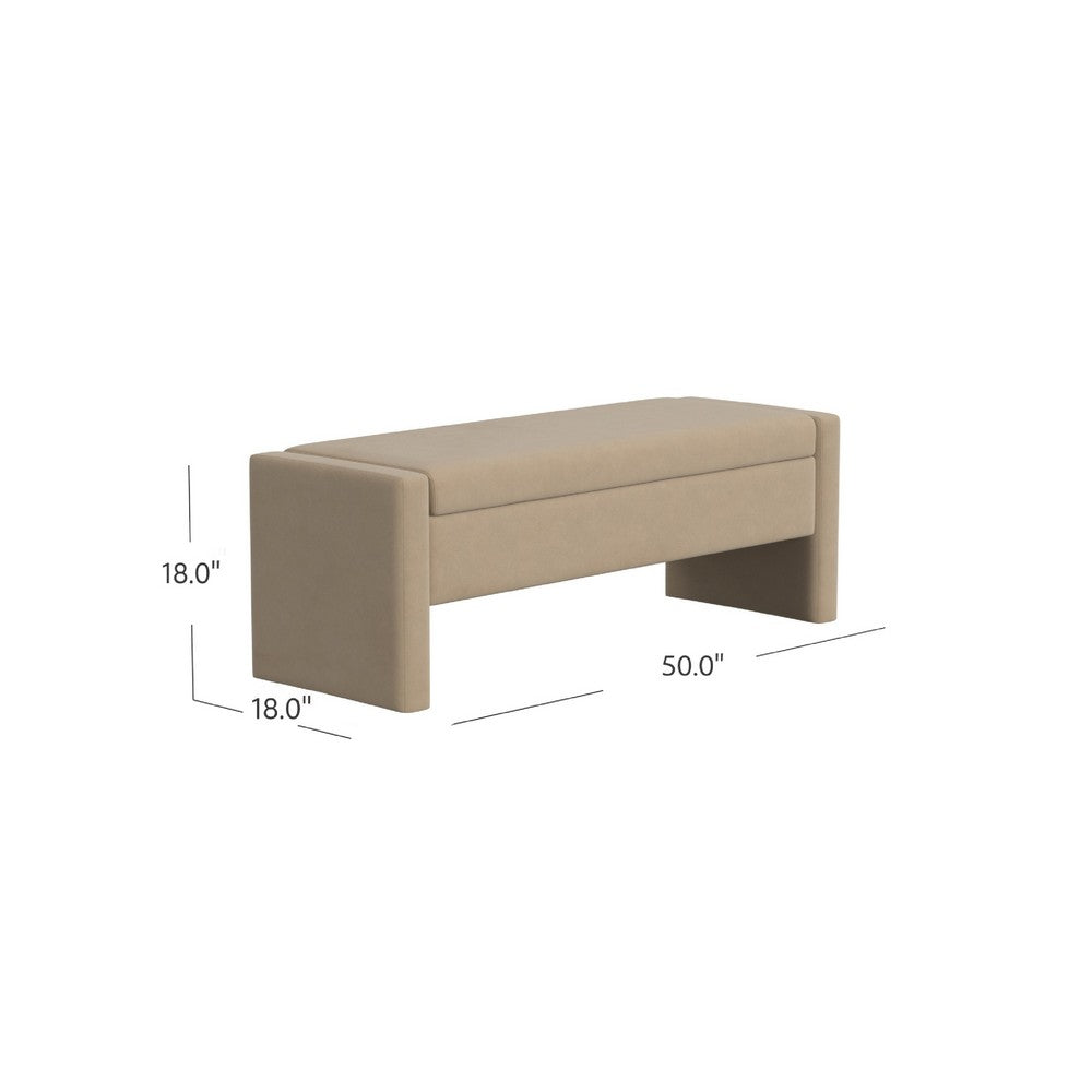 Benjara Kim Storage Bench Ottoman, Tan Brown Velvet And Solid Wood, 50 Inch