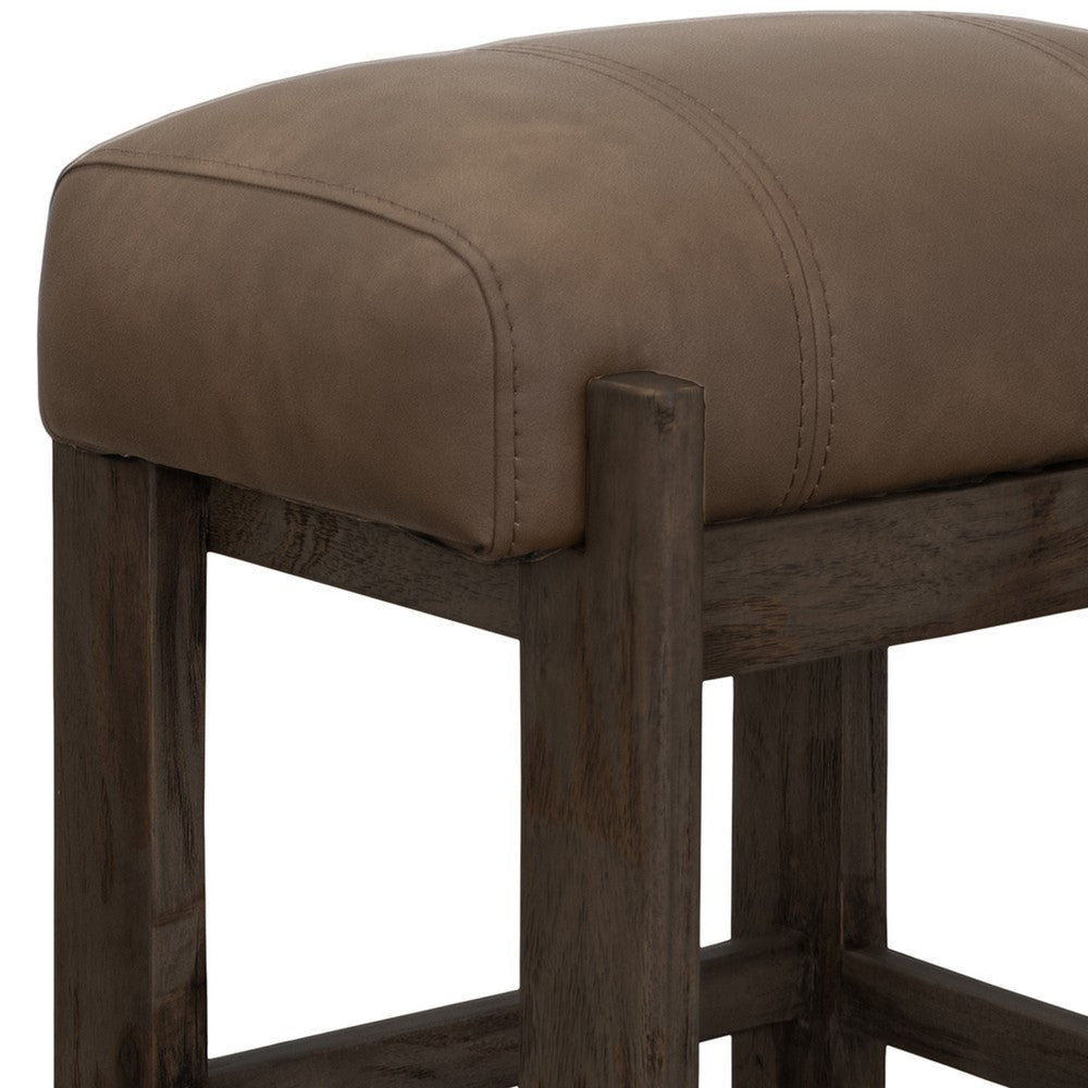 Benjara Eray Counter Height Stool, Teak Brown Cushioned, Solid Wood 24 Inch