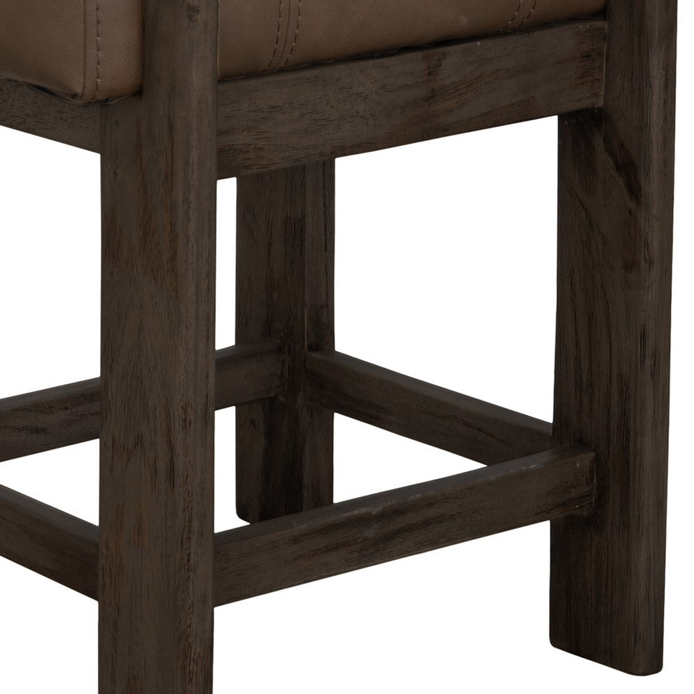Benjara Eray Counter Height Stool, Teak Brown Cushioned, Solid Wood 24 Inch