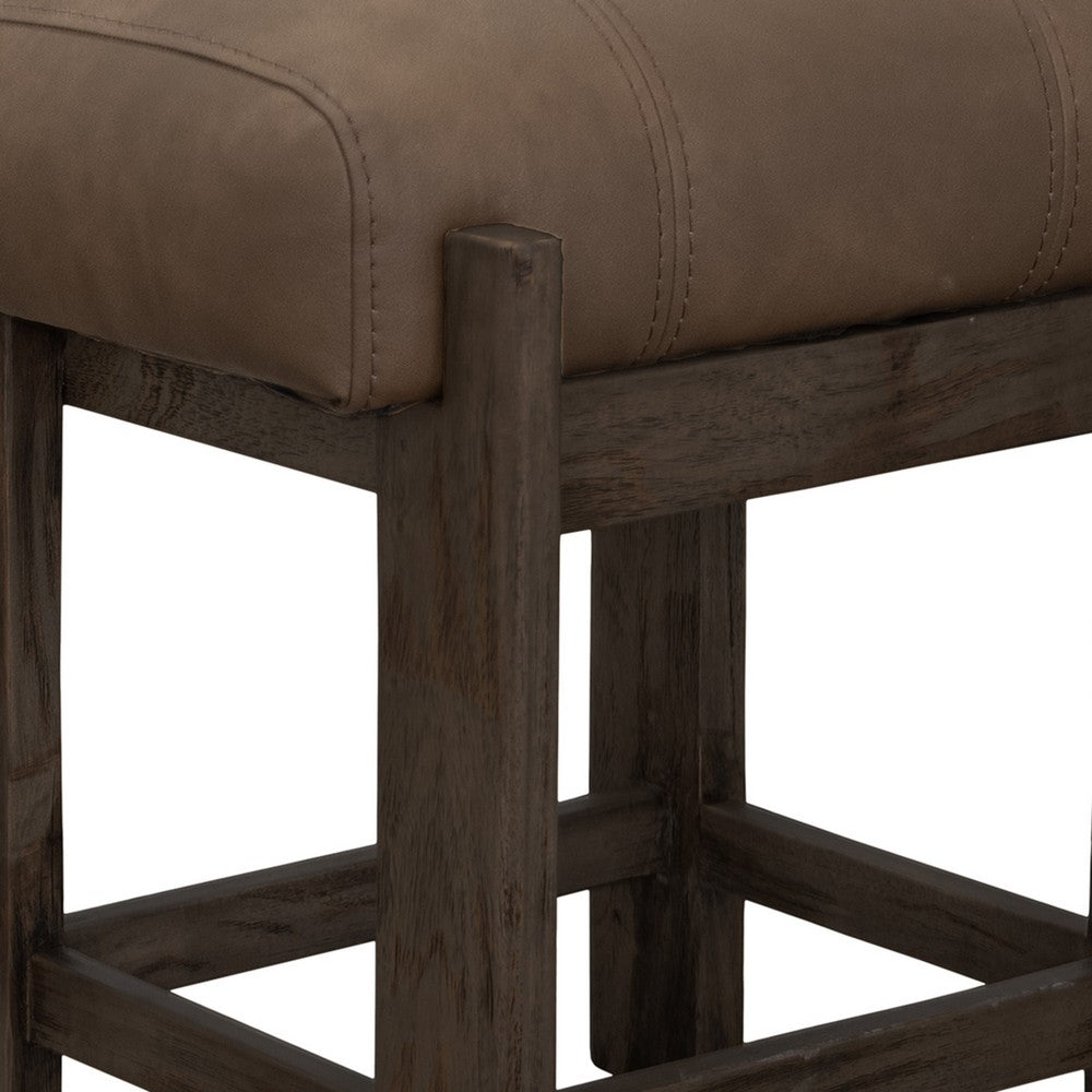 Benjara Eray Counter Height Stool, Teak Brown Cushioned, Solid Wood 24 Inch