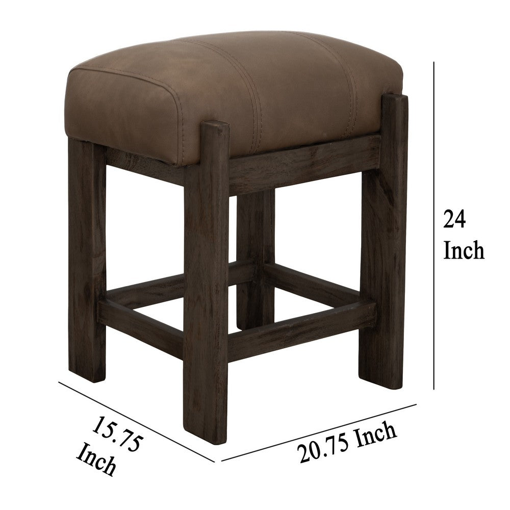 Benjara Eray Counter Height Stool, Teak Brown Cushioned, Solid Wood 24 Inch