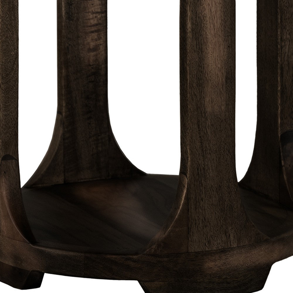 Benjara Eray Chairside Table with Shelf, Round Open Frame, Black Teak, 18 Inch