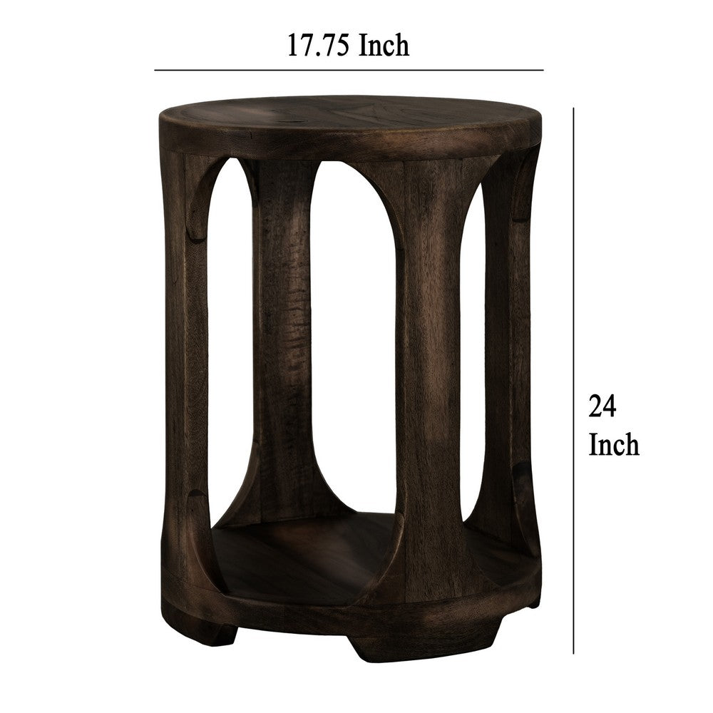 Benjara Eray Chairside Table with Shelf, Round Open Frame, Black Teak, 18 Inch